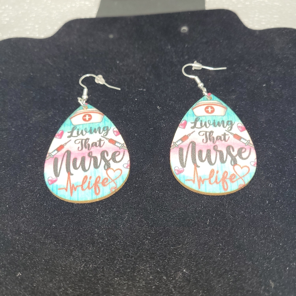 Painted Wood Boho Festival "Living That Nurse Life" Dangling Fashion Earrings